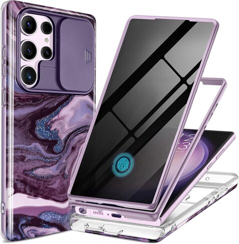 حافظة GVIEWIN لهاتف Samsung Galaxy S23 Ultra مع غطاء كاميرا منزلق، [واقي شاشة مدمج] [إطاران أماميان] مقاوم للصدمات من الدرجة العسكرية، حافظة هاتف واقية من الرخام مقاس 6.8 بوصة، رمل سريع/أرجواني in Kuwait