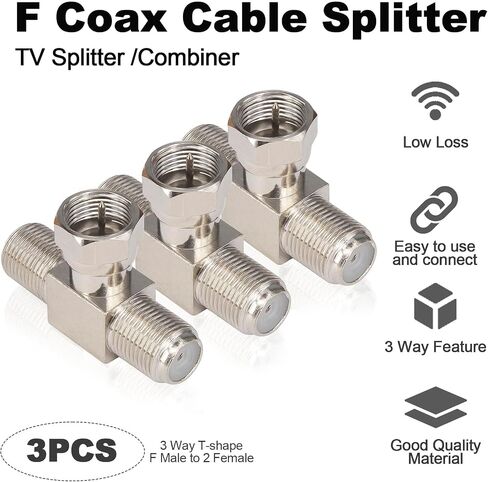 Kaunosta F Type Splitter 3 Way Coaxial Connectors Male to Female RG6 Splitter Combiner T-Shape F to Dual Coax Adapter for Satellite TV MATV CCTV and Related Consumer Television Products 2PCS in Kuwait