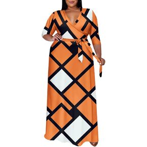 Runwind Plus Size Dresses for Women Floral Maxi Dress Flowy 3/4 Sleeve with Belt in Saudi Arabia