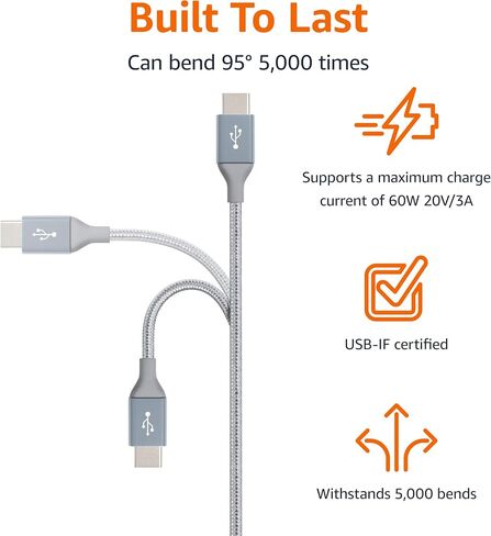 كابل شاحن سريع Amazon Basics USB-C إلى USB-C 2.0، سلك مجدول من النايلون، سرعة 480 ميجا بت في الثانية، معتمد من USB-IF، لهاتف Apple iPhone 15، iPad، Samsung Galaxy، الأجهزة اللوحية، أجهزة الكمبيوتر المحمولة، 10 أقدام، فضي in Saudi Arabia