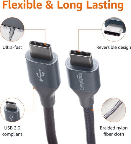 كابل شاحن سريع Amazon Basics USB-C إلى USB-C 2.0، سلك مجدول من النايلون، سرعة 480 ميجا بت في الثانية، معتمد من USB-IF، لهاتف Apple iPhone 15، iPad، Samsung Galaxy، الأجهزة اللوحية، أجهزة الكمبيوتر المحمولة، 10 أقدام، فضي in Saudi Arabia