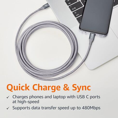 كابل شاحن سريع Amazon Basics USB-C إلى USB-C 2.0، سلك مجدول من النايلون، سرعة 480 ميجا بت في الثانية، معتمد من USB-IF، لهاتف Apple iPhone 15، iPad، Samsung Galaxy، الأجهزة اللوحية، أجهزة الكمبيوتر المحمولة، 10 أقدام، فضي in Saudi Arabia