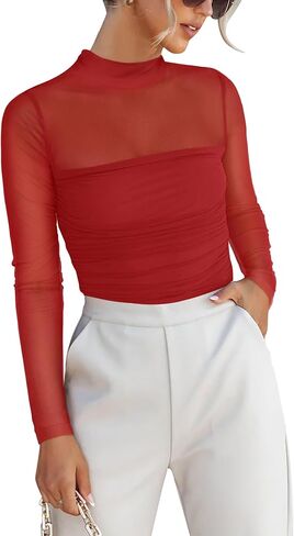 ANRABESS Womens Sexy Mesh Long Sleeve Shirts Trendy Mock Neck Sheer Ruched Going Out Tops Fall Slim Fit Blouses 2025 in Saudi Arabia