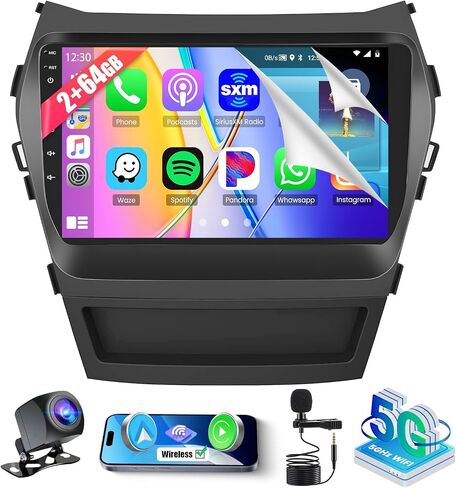Roinvou 2+64G Android Car Stereo لـ 2013-2017 Hyundai Santa Fe، راديو CarPlay لاسلكي مدمج مع Android Auto، شاشة لمس 9 بوصات في لوحة القيادة GPS ودعم مرآة Link Bluetooth FM RDS AHD in Kuwait