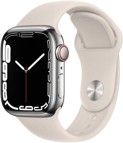 Apple Watch Series 7 (GPS + Cellular, 41MM) هيكل فضي من الستانلس ستيل مع سوار رياضي Starlight (متجدد) in Kuwait