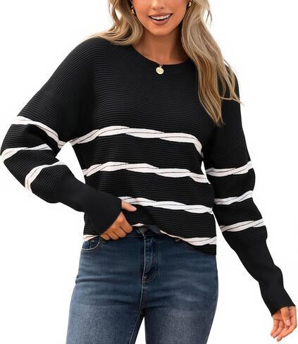 ECOWISH Women's Long Sleeve Crewneck Striped Sweater - Fall 2025 Trendy Casual Knitwear for Office & Daily Wear in Kuwait