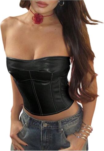 Floerns Women's Y2k Leather Corset Tops Lace Up Backless Tube Shapewear Going Out Party Festival Crop Tube Tops in Saudi Arabia