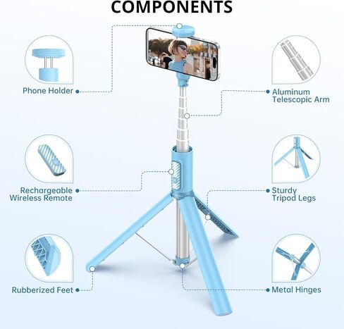 ATUMTEK 60" Selfie Stick Tripod, All-in-One Extendable Phone Tripod with Bluetooth Remote, Storage Bag Included, for iPhone and Android Phone Selfie, Video Recording, Vlogging, Live Streaming, Purple in Kuwait