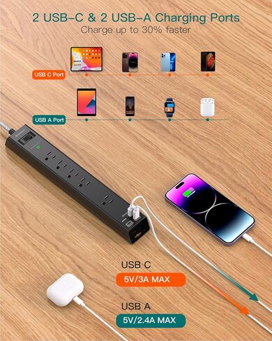 واقي من زيادة التيار بطول 10 أقدام - 5 منافذ و3 منافذ USB، سلك تمديد مضفر بقابس مسطح، حماية من زيادة التيار الزائد، حامل على الحائط للفندق والمنزل والمكتب. in Kuwait