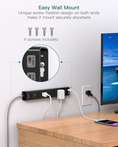 واقي من زيادة التيار بطول 10 أقدام - 5 منافذ و3 منافذ USB، سلك تمديد مضفر بقابس مسطح، حماية من زيادة التيار الزائد، حامل على الحائط للفندق والمنزل والمكتب. in Kuwait