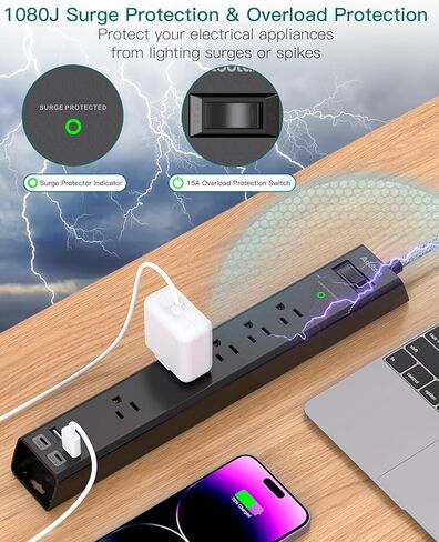 واقي من زيادة التيار بطول 10 أقدام - 5 منافذ و3 منافذ USB، سلك تمديد مضفر بقابس مسطح، حماية من زيادة التيار الزائد، حامل على الحائط للفندق والمنزل والمكتب. in Kuwait