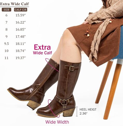 SheSole Extra Wide Calf Boots for Women - Cowboy Boots with Side Zipper & Buckle Strap Design | Chunky Heel & Almond Toe for Style - Walk Confidently in Comfort in Saudi Arabia