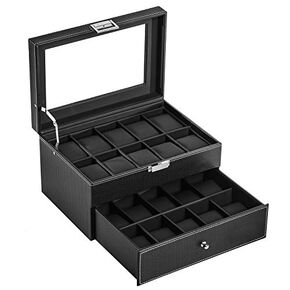 Watch Box for Men 20 Watch Display Case Organizer with PU Leather Watch Storage Case, Jewelry Collection Organizer Large Glass Top, Black
