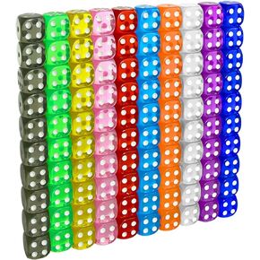SUNMON 100 Pcs Multi-Color Dice Set – 10 Assorted Transparent Color with 10 Pcs Each, 16mm D6 Standard Dice with Extra Carrying Bag, Perfect for Board & Dice Games and Other Casino Games