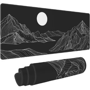 Large Gaming Mouse Pad XL, Abstract Mountain and Moon Full Desk Mousepad with Stitched, Waterproof Non-Slip Base Keyboard Pad, PC Laptop Computer Mat Gifts for Men Office, (Black, 31.5 * 11.8 in)