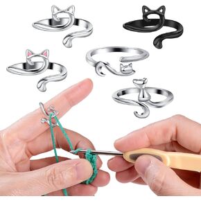 MARFOREVER 5 Pcs Crochet Rings Cat Crochet Tension Ring, Adjustable Crochet Tension Loops for Fingers Yarn Guide Knitting Crochet Accessories with Box for Mom Grandma Women