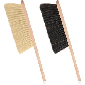 2 Pieces Woooden Dust Brush Hand Broom, Bench Brushes with Soft Bristles, Handle Horse Hair Brushes for Counter Bed Sofa Car Fireplace Household Woodworking Cleaning (Brown, Yellow)