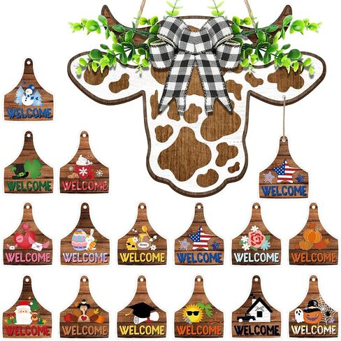 16 Pcs Cow Head Door Wreath Sign Cow Decor Interchangeable Wooden Summer Decor Farmhouse Highland Cow Gifts for 4th of July Patriotic Home Front Door, 16.5 x 12 Inch(Urban Cow, 16 Pcs) in Saudi Arabia