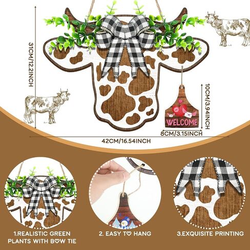 16 Pcs Cow Head Door Wreath Sign Cow Decor Interchangeable Wooden Summer Decor Farmhouse Highland Cow Gifts for 4th of July Patriotic Home Front Door, 16.5 x 12 Inch(Urban Cow, 16 Pcs) in Saudi Arabia