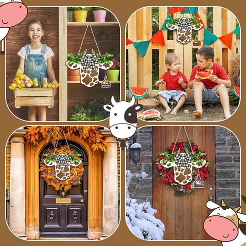 16 Pcs Cow Head Door Wreath Sign Cow Decor Interchangeable Wooden Summer Decor Farmhouse Highland Cow Gifts for 4th of July Patriotic Home Front Door, 16.5 x 12 Inch(Urban Cow, 16 Pcs) in Saudi Arabia