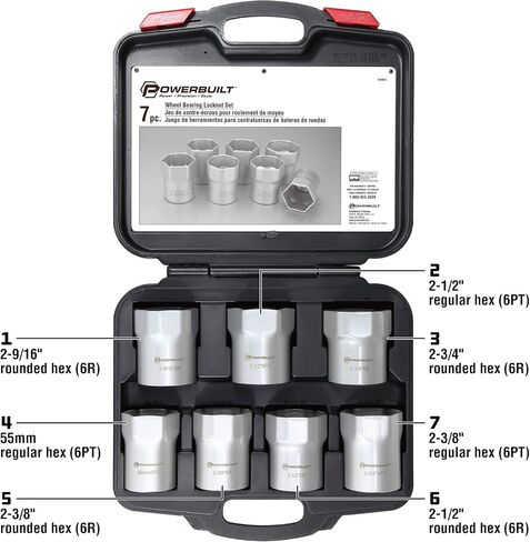 Powerbuilt Wheel Bearing Locknut Socket Set, 7 Piece Remover Tool Kit, Rounded and Regular Hex, Wheel Bearing Tools, Storage Case - 648642 in Saudi Arabia