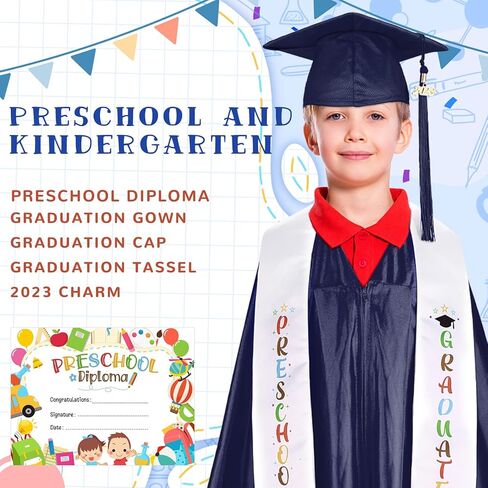 Sureio 6 Pcs Kindergarten Preschool Graduation Cap and Gown with 2025 Tassel Graduation Stole Certificate for Toddler Kids in Kuwait