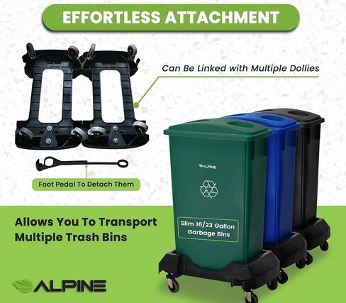 Alpine 16/23 Gallon Slim Trash Can Dolly - 4 Wheels Rectangular Plastic Rolling Garbage Can Dolly, Trash Can Wheels, Trash Can Roller Base, Commercial Trash Can Cart - Holds Up to 200lbs (Black) in Kuwait