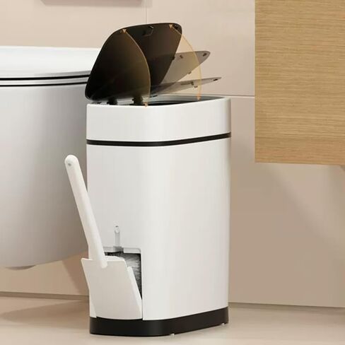 14 Liter White Plastic Garbage Can with Press Top Lid, Dogproof Slim Rectangular Trash Bin for Toilet, RV Bathroom Trash Can 3.7 Gallons with Toilet Brush Holder, White lid in Saudi Arabia