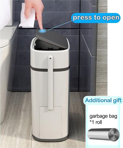 14 Liter White Plastic Garbage Can with Press Top Lid, Dogproof Slim Rectangular Trash Bin for Toilet, RV Bathroom Trash Can 3.7 Gallons with Toilet Brush Holder, White lid in Saudi Arabia