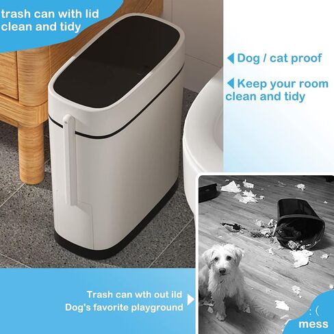 14 Liter White Plastic Garbage Can with Press Top Lid, Dogproof Slim Rectangular Trash Bin for Toilet, RV Bathroom Trash Can 3.7 Gallons with Toilet Brush Holder, White lid in Saudi Arabia