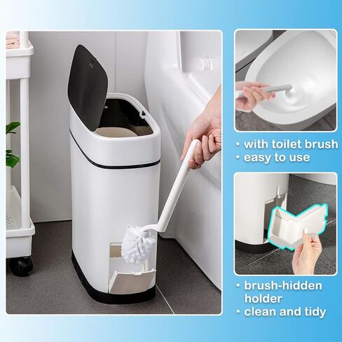 14 Liter White Plastic Garbage Can with Press Top Lid, Dogproof Slim Rectangular Trash Bin for Toilet, RV Bathroom Trash Can 3.7 Gallons with Toilet Brush Holder, White lid in Saudi Arabia