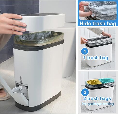 14 Liter White Plastic Garbage Can with Press Top Lid, Dogproof Slim Rectangular Trash Bin for Toilet, RV Bathroom Trash Can 3.7 Gallons with Toilet Brush Holder, White lid in Saudi Arabia