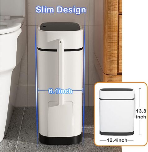 14 Liter White Plastic Garbage Can with Press Top Lid, Dogproof Slim Rectangular Trash Bin for Toilet, RV Bathroom Trash Can 3.7 Gallons with Toilet Brush Holder, White lid in Saudi Arabia