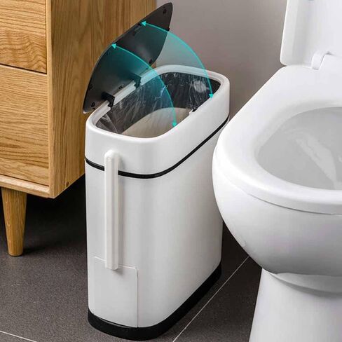 14 Liter White Plastic Garbage Can with Press Top Lid, Dogproof Slim Rectangular Trash Bin for Toilet, RV Bathroom Trash Can 3.7 Gallons with Toilet Brush Holder, White lid in Saudi Arabia