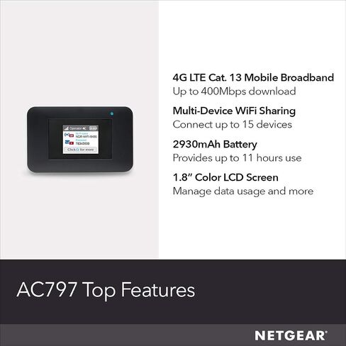 NETGEAR Mobile Wi-Fi Hotspot, 4G LTE Router AC797-100NAS, 400Mbps Download Speed, Connect Up to 15 Devices, Create a WLAN Anywhere, GSM Unlocked in Saudi Arabia