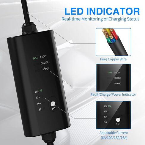 Portable EV Charger, NEMA 5-15 110v-120v Level 1 EV Charger,Adjustable Amp 6A/10A/13A/16A with 16.4Ft Cable, Home Electric Car Charger Stations for J1772 EVs, Tesla Need Adapter in Saudi Arabia