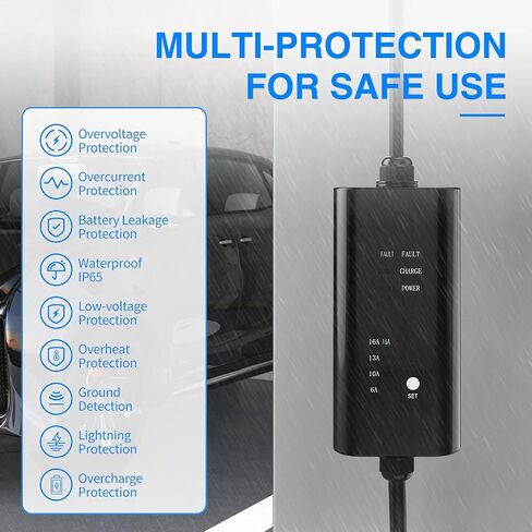Portable EV Charger, NEMA 5-15 110v-120v Level 1 EV Charger,Adjustable Amp 6A/10A/13A/16A with 16.4Ft Cable, Home Electric Car Charger Stations for J1772 EVs, Tesla Need Adapter in Saudi Arabia