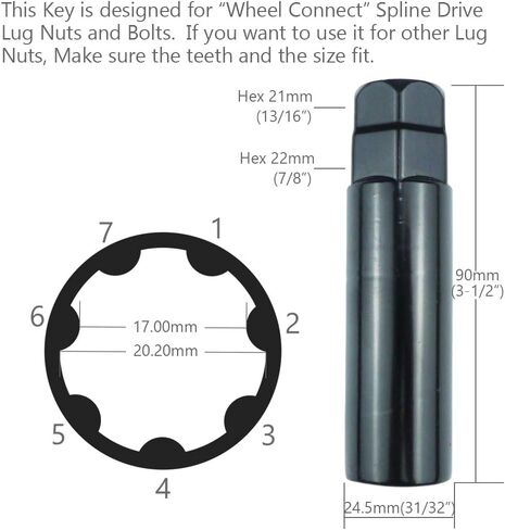 WHEEL CONNECT Lug Nuts Key for Spline Drive Lug Nuts and Bolts, 5 Point Spline Lug Nuts Socket，19 mm (3/4") & 21 mm (13/16") Hex,Chrome Finish. in Saudi Arabia