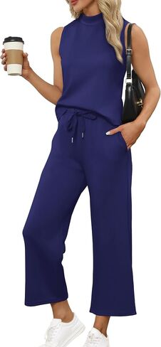 SAMPEEL Lounge Sets for Women 2 Piece 2024 Summer Casual Travel Ladies Loungewear Set Business Casual Outfits Work Mock Neck Tops Sweat Set Royal Blue in Kuwait
