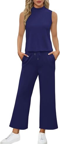 SAMPEEL Lounge Sets for Women 2 Piece 2024 Summer Casual Travel Ladies Loungewear Set Business Casual Outfits Work Mock Neck Tops Sweat Set Royal Blue in Kuwait