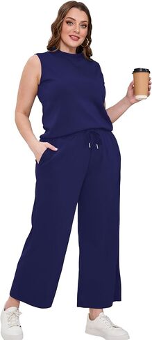 SAMPEEL Lounge Sets for Women 2 Piece 2024 Summer Casual Travel Ladies Loungewear Set Business Casual Outfits Work Mock Neck Tops Sweat Set Royal Blue in Kuwait