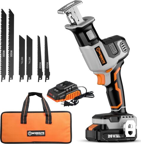 منشار ترددي من موقع العمل، منشار ترددي لاسلكي 20 فولت مع بطارية وشاحن 2.0 أمبير في الساعة، مشغل سرعة متغيرة 0-3000 SPM، 6 شفرات منشار لقطع الأنابيب الخشبية/المعدنية/PVC in Kuwait