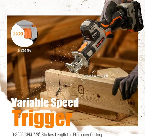 منشار ترددي من موقع العمل، منشار ترددي لاسلكي 20 فولت مع بطارية وشاحن 2.0 أمبير في الساعة، مشغل سرعة متغيرة 0-3000 SPM، 6 شفرات منشار لقطع الأنابيب الخشبية/المعدنية/PVC in Kuwait