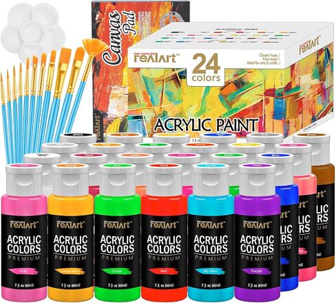 Bulk Acrylic Paint 24 Colors (2oz/Bottle) with 10 Canvas and 10 Brushes Gloss Acrylic Paint Set Acrylic Paints for Canvas Painting Craft Paint Set for Kids Art Paint Christmas Gifts for Kids in Kuwait