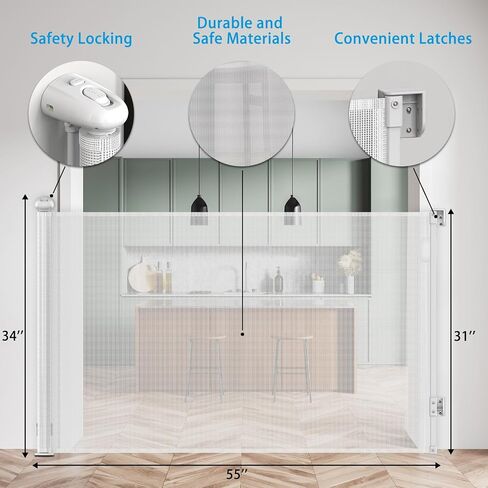 Retractable Baby Gates for Stairs, Baby Gates Retractable Extends to 55inch, Mesh Baby Gates, Retractable Dog Gates Mesh Dog Gates Cats Gate for Doorways Stairs Hallways Indoor Outdoor in Saudi Arabia