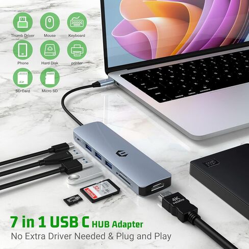 USB C HUB, 7 in 1 Laptop Multiport Adapter Hub with HDMI Output, 100W Rapid Charging, 3 x USB 3.0 Ports, SD/TF Reader, Compatible for USB C Laptops Dell XPS/HP/Surface and Other Type C Devices in Saudi Arabia