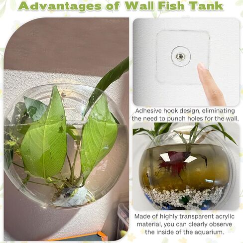 kathson Wall Fish Bowl Acrylic Hanging Aquarium Wall Mounted Bubble Betta Fish Tank Bowl Decor Plant (7.28in) in Saudi Arabia