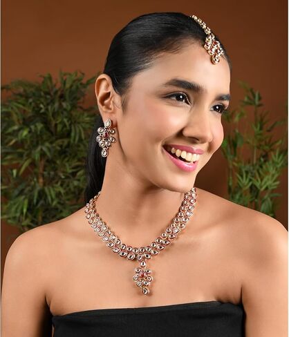 I Jewels Indian Wedding Bollywood Gold Plated Traditional Maroon Meenakari Handcrafted Kundan Necklace With Dangle Earrings & Maang Tikka Jewellery Set For Women/Girls (IJ356) in Saudi Arabia