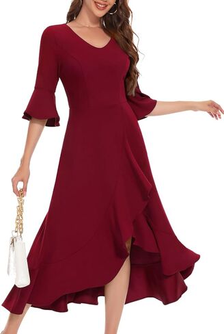 HomRain Women's V Neck Bell Sleeve Formal Dresses for Wedding Guest Ruffle Split Evening Party Cocktail Dress in Saudi Arabia