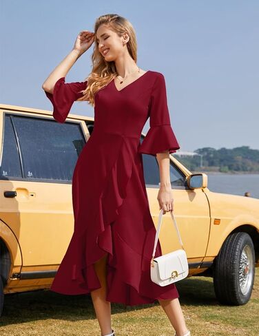 HomRain Women's V Neck Bell Sleeve Formal Dresses for Wedding Guest Ruffle Split Evening Party Cocktail Dress in Saudi Arabia